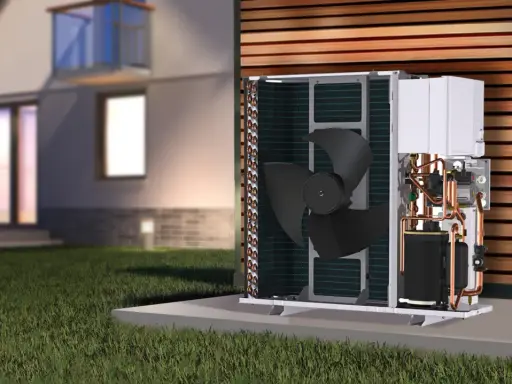 Unidad exterior de bomba de calor por absorción a gas, con componentes internos visibles, junto a una casa moderna.