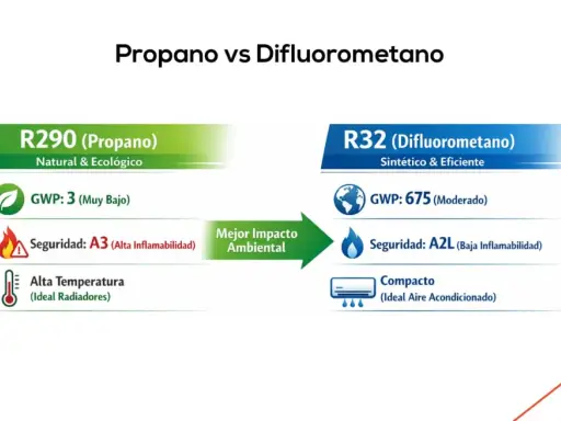 Comparativa de refrigerantes: R290 (Propano) natural y ecológico con GWP bajo, frente a R32. El refrigerante R290 es ideal para radiadores.