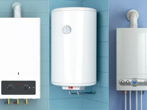 Tres calentadores de gas: uno compacto, uno cilíndrico y otro con pantalla digital. Ilustran la diferencia entre caldera y calentador de gas.