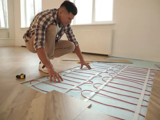 Hombre instalando sistema de calefacción por suelo radiante, mostrando cómo funciona el suelo radiante para un hogar cálido.