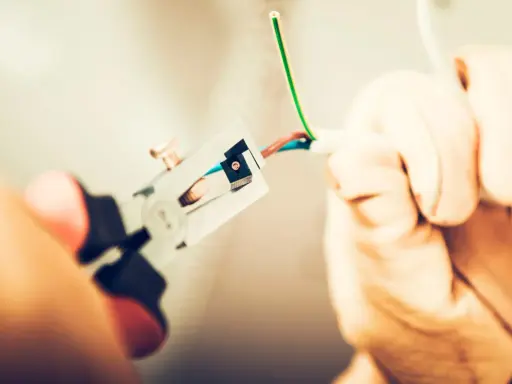 Manos con guantes pelando cables para como cambiar el termostato de la calefacción.