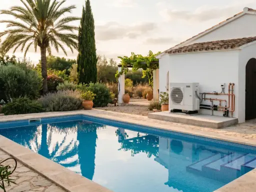 Piscina de baldosas azules con escalones, rodeada de un jardín exuberante y una casa blanca. El sol del atardecer ilumina el **suelo radiante** de la zona de la **piscina**.