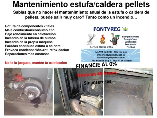 Detalle de las partes de una estufa de pellets, mostrando componentes internos y posibles daños por falta de mantenimiento.