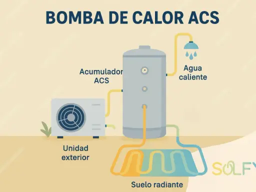 Diagrama de una bomba de calor para agua caliente sanitaria (ACS). Muestra una unidad exterior, un acumulador ACS y un sistema de suelo radiante.