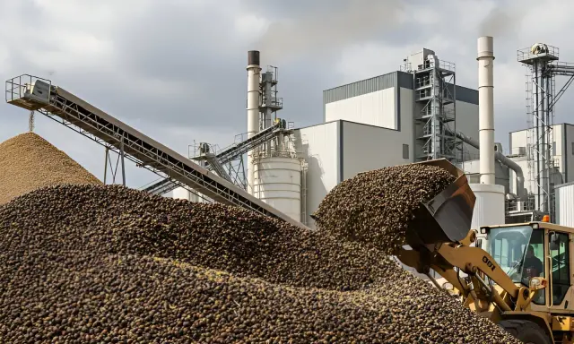 Cargador frontal descarga montón de aceitunas en planta industrial. Humo sale de la caldera.