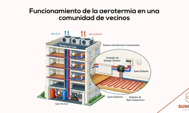 Diagrama ilustra aerotermia comunitaria o individual en un edificio, mostrando bombas de calor, suelo radiante y sala técnica.
