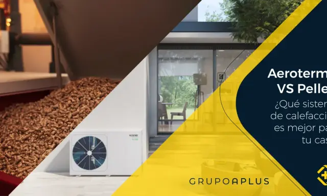 Comparativa entre aerotermia y pellets para tu hogar. Una unidad exterior de aerotermia junto a un depósito de pellets.
