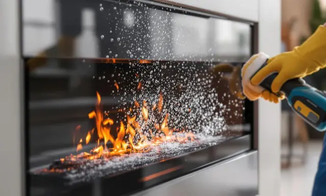 Mano con guante amarillo limpiando el cristal de la chimenea con un cepillo eléctrico. Las llamas arden detrás del cristal cubierto de burbujas.
