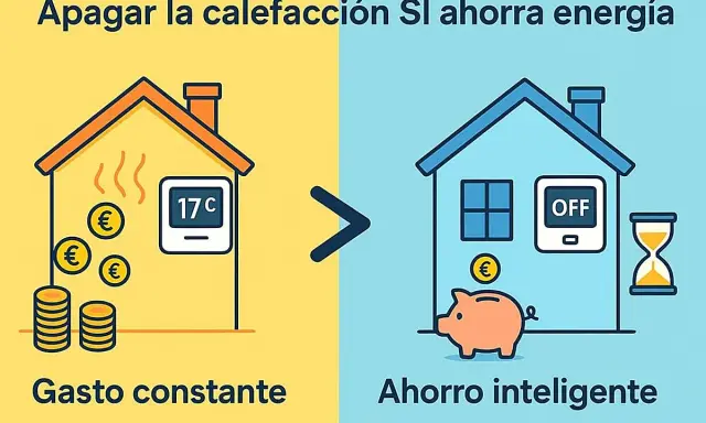 La calefacción domótica apagada ahorra energía. Una casa con termostato a 17°C y monedas frente a una casa con termostato OFF, hucha y reloj de arena.