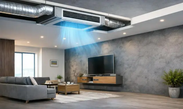 Un sistema fancoil integrado en el techo distribuye aire fresco en un salón moderno con sofá gris y TV.