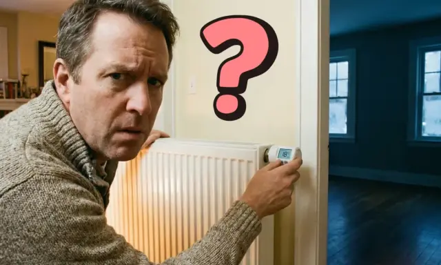 Hombre confundido mira un radiador con un gran signo de interrogación rosa, preguntándose como apagar la calefacción.