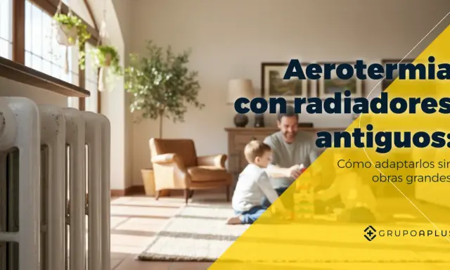 Radiador antiguo blanco junto a familia jugando. Aerotermia con radiadores antiguos: cómo adaptarlos sin obras grandes.