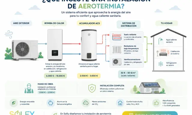 Diagrama de aerotermia aire-aire: unidad exterior, bomba de calor, acumulador ACS y sistema de distribución para calefacción, refrigeración y agua caliente.