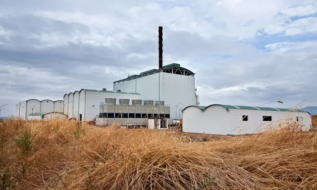Planta de biomasa industrial con chimenea alta y torres de refrigeración, rodeada de vegetación seca.
