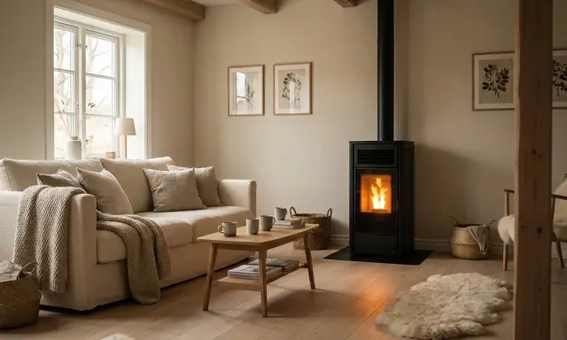 Estufa de pellets moderna y eficiente, ideal para calentar hasta 200 metros cuadrados, creando un ambiente acogedor.