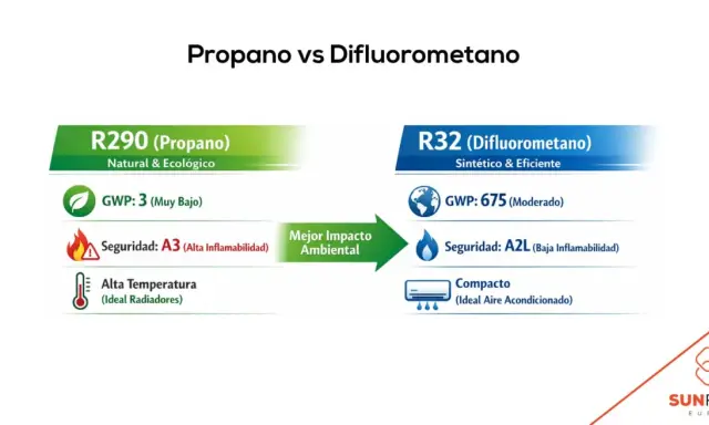 Comparativa de refrigerantes: R290 (Propano) natural y ecológico con GWP bajo, frente a R32. El refrigerante R290 es ideal para radiadores.