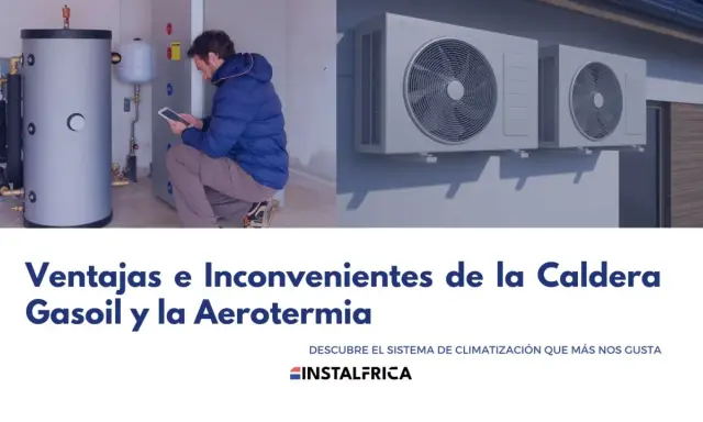 Un hombre revisa una tablet junto a un depósito de calefacción central gasoil. A la derecha, unidades exteriores de aire acondicionado.