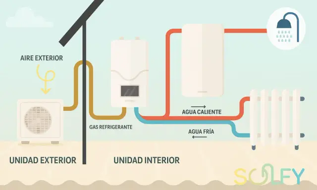 Diagrama de una bomba de calor para radiadores alta temperatura: unidad exterior capta aire, unidad interior calienta agua para radiador y ducha.