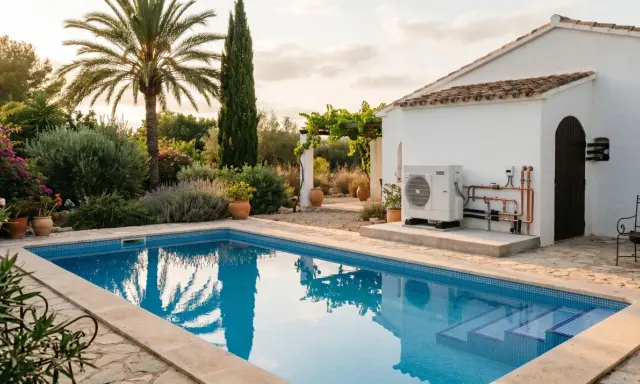 Piscina de baldosas azules con escalones, rodeada de un jardín exuberante y una casa blanca. El sol del atardecer ilumina el **suelo radiante** de la zona de la **piscina**.