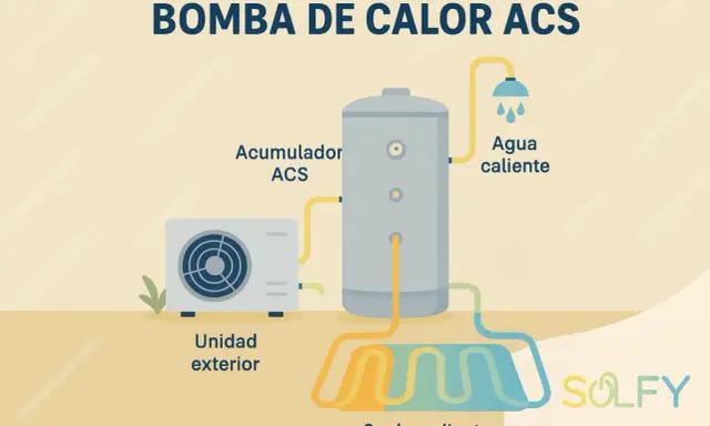 Diagrama de una bomba de calor para agua caliente sanitaria (ACS). Muestra una unidad exterior, un acumulador ACS y un sistema de suelo radiante.