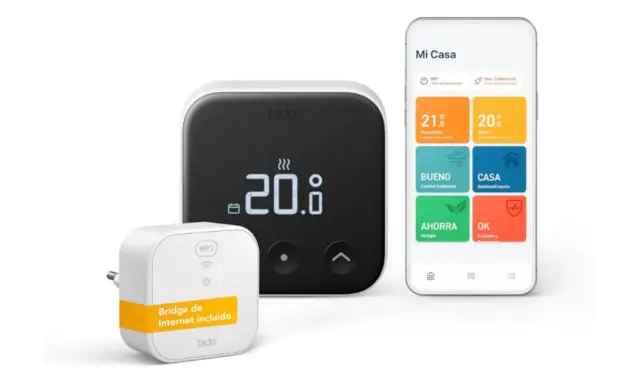 Termostato Tado inteligente con pantalla digital mostrando 20.0°C y app móvil. Un puente de internet incluido.