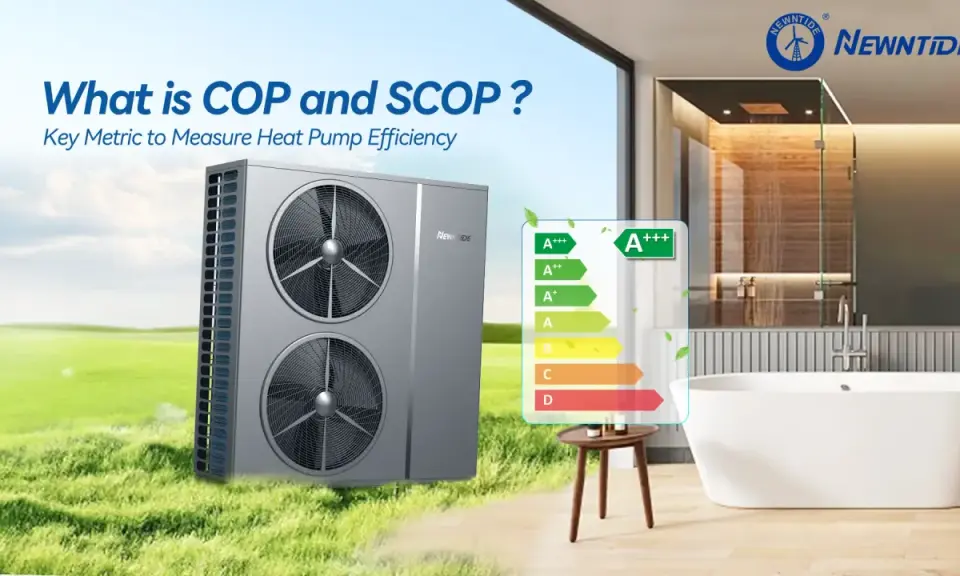 Unidad exterior de bomba de calor Newntide en un jardín, con etiqueta de eficiencia energética A+++. Muestra el coeficiente de rendimiento para medir la eficiencia.