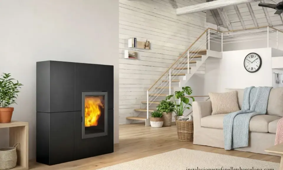 Estufa de pellets negra con fuego encendido, junto a escaleras y sofá. Ideal para un esquema de instalación de hidroestufas de pellets.