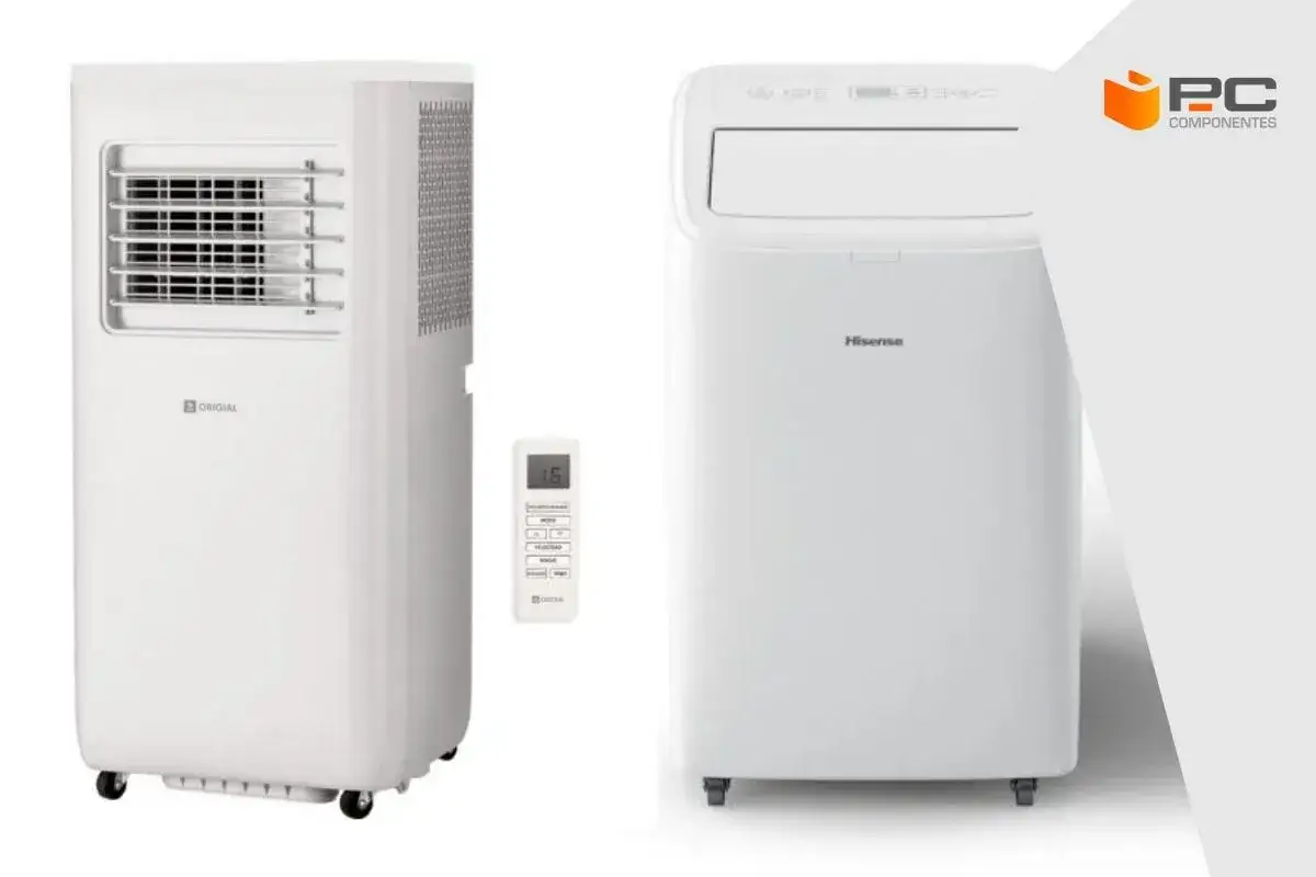 Dos aires acondicionados port&aacute;tiles, uno de la marca Origial con mando a distancia, y otro Hisense. Compara sus decibelios aire acondicionado para un ambiente fresco y silencioso.