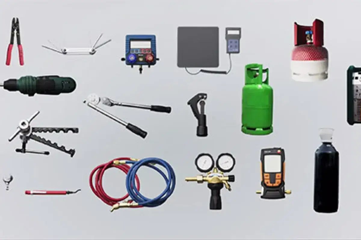 Herramientas para un carnet instalador aire acondicionado: taladro, llaves, manómetros, mangueras, cilindros de gas y más.