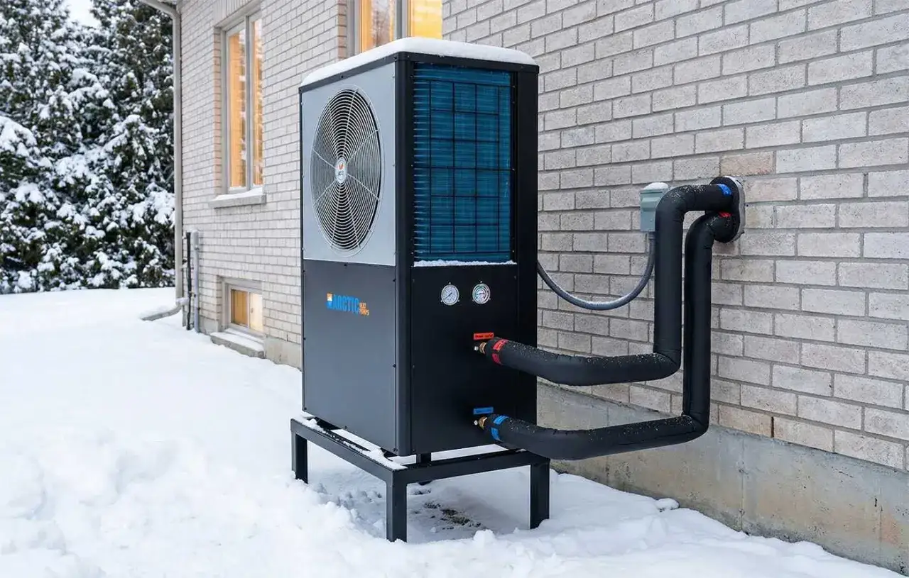 Bomba de calor para radiadores alta temperatura, instalada en exterior nevado, lista para calentar tu hogar eficientemente.