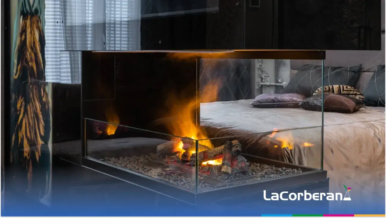 Chimenea moderna con sistema cristal limpio, fuego crepitante y leños realistas, reflejando un dormitorio acogedor.