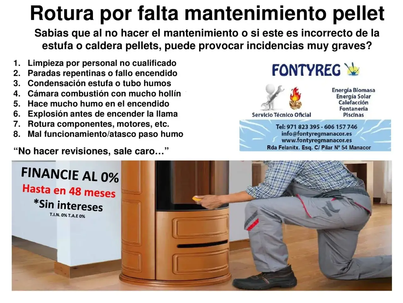 Un técnico revisa las partes de una estufa de pellets, advirtiendo sobre averías por falta de mantenimiento.