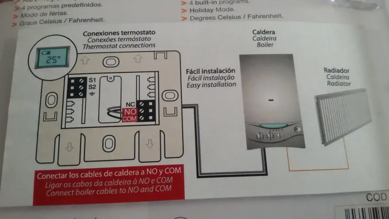 Diagrama de instalaci&oacute;n de termostato. Muestra conexiones a caldera y radiador. Si el termostato no manda se&ntilde;al a la caldera, revisa los cables NO y COM.