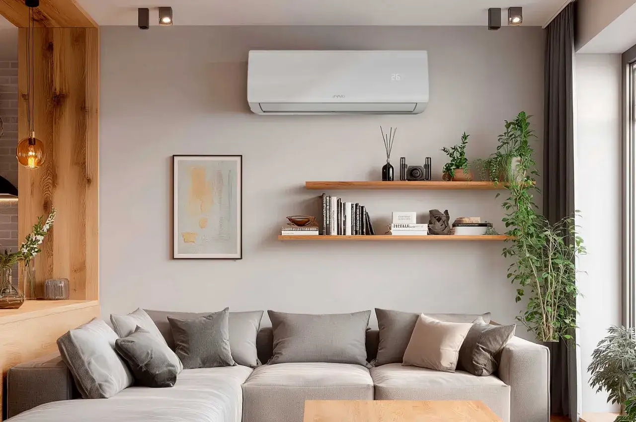 Un aire acondicionado blanco en una pared gris, sobre un sof&aacute; gris. El aire frio sube o baja, creando un ambiente confortable.