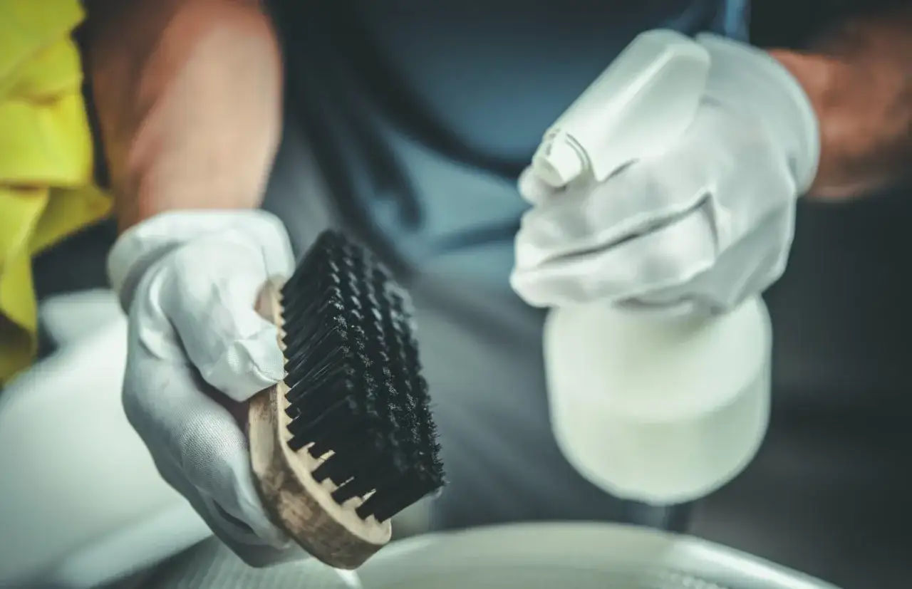 Manos enguantadas preparan cepillo y spray para la limpieza de estufa de pellets. Consulta el precio limpieza estufa pellets.