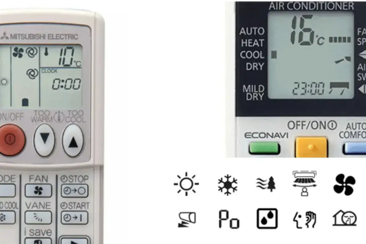 Controles remotos de aire acondicionado. El significado de los s&iacute;mbolos del aire acondicionado se muestra en los iconos: sol (calor), copo de nieve (fr&iacute;o), ventilador, etc.