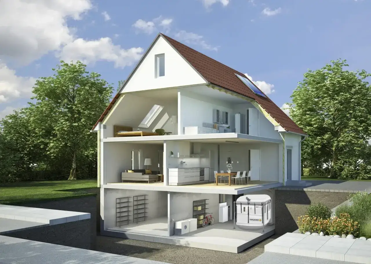 Corte de una casa que muestra su interior y un sistema de calderas ecol&oacute;gicas en el s&oacute;tano, ideal para un hogar sostenible.
