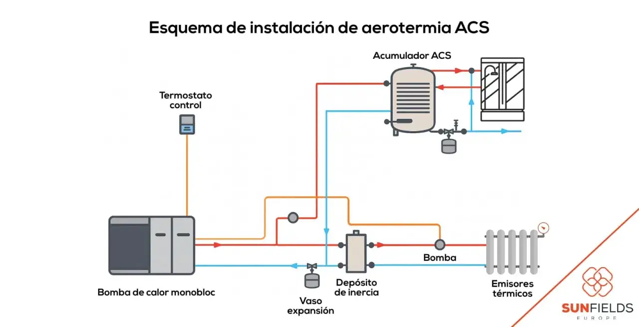 Esquema de instalación de aerotermia ACS con bomba de calor monobloc, acumulador, depósito de inercia y emisores térmicos.