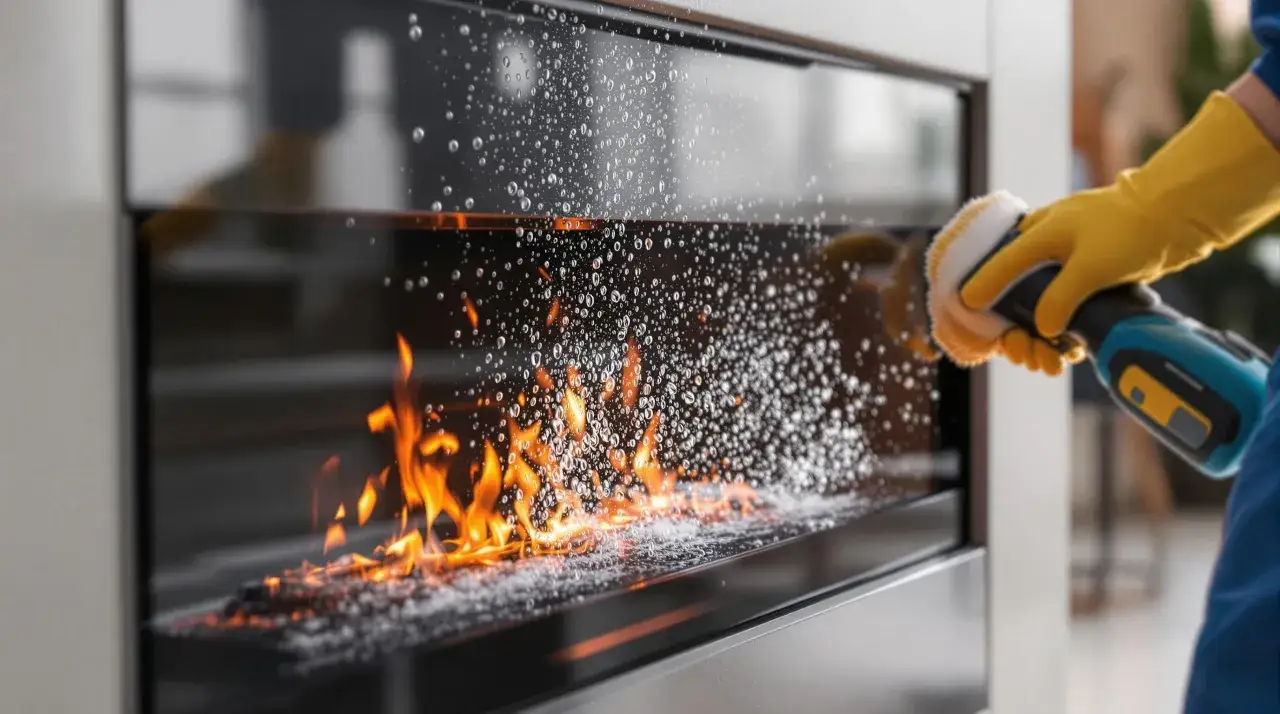Mano con guante amarillo limpiando el cristal de la chimenea con espuma y burbujas, mientras las llamas arden detr&aacute;s.