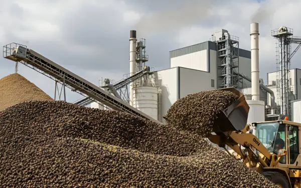 Cargador frontal descarga montón de aceitunas en planta industrial. Humo sale de la caldera.