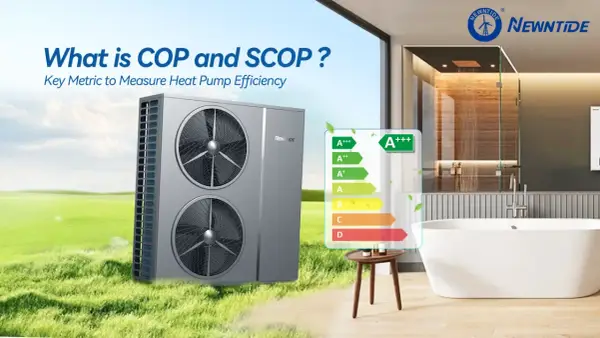 Unidad exterior de bomba de calor Newntide en un jardín, con etiqueta de eficiencia energética A+++. Muestra el coeficiente de rendimiento para medir la eficiencia.
