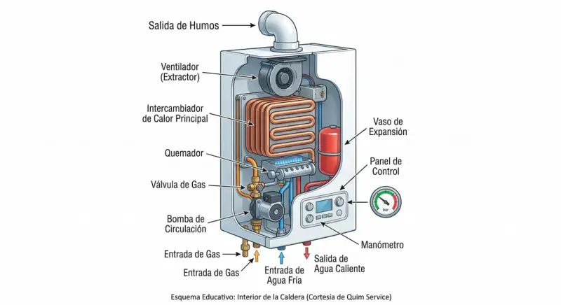 Diagrama de una caldera mostrando sus componentes internos. Se ve el intercambiador de calor, quemador y ventilador. ¡Ojalá la caldera haga ruido de agua pronto!